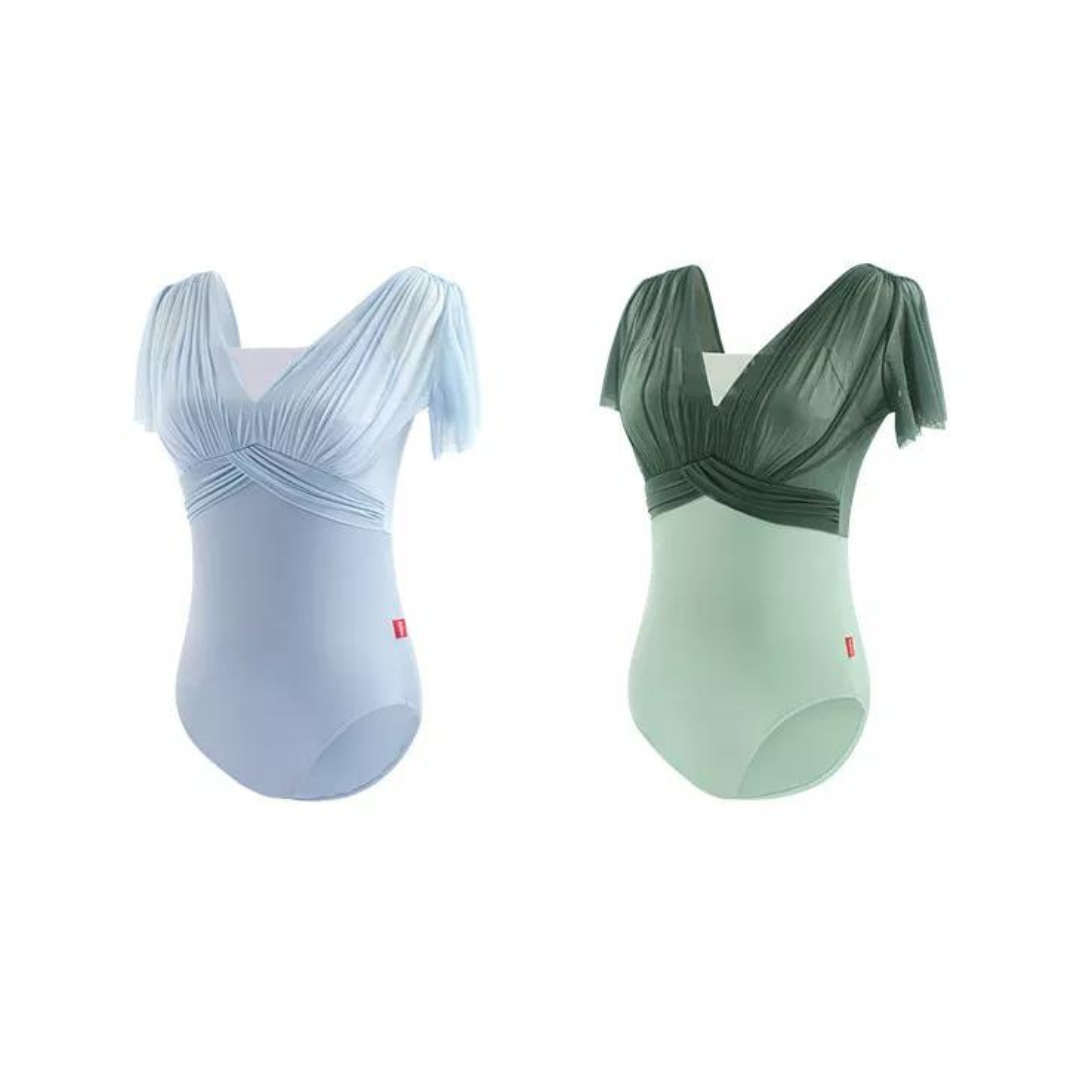 Mesh 胸元デザイン半袖レオタード