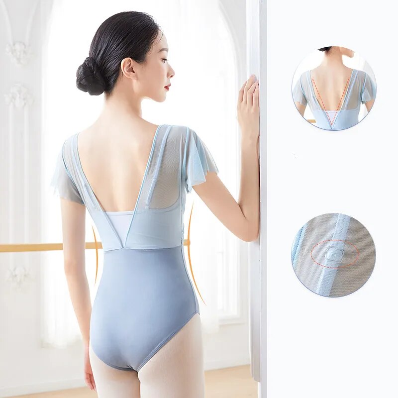 Mesh 胸元デザイン半袖レオタード